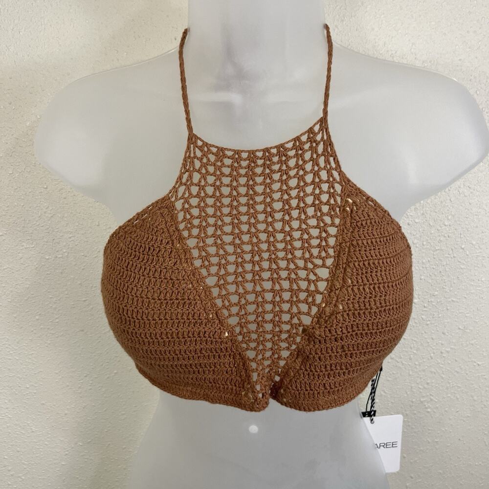 NWT Lisa Maree My New Badge Macrame Halter Bikini Top Womens L Large Tan